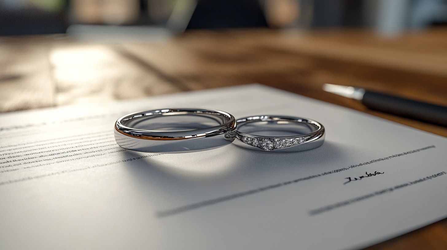 Prenuptial Agreement with two wedding bands Two wedding rings on a contract on a desk with a pen signing a prenuptial agreement.